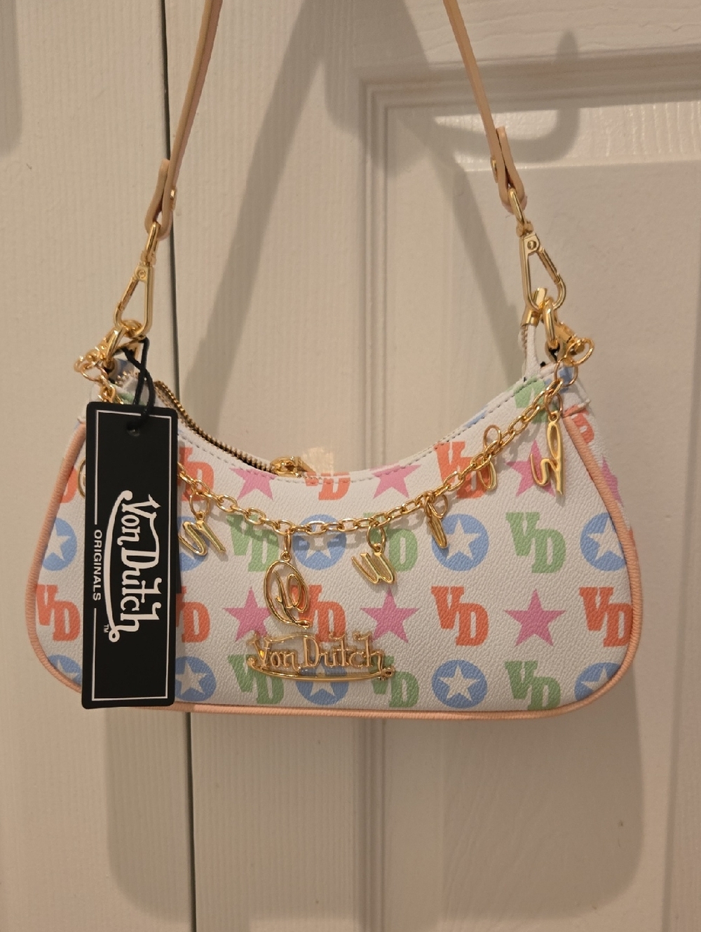 Von Dutch White Mini Shoulder Bag with Pastel Multicolor Logo NWT - Picture 2 of 5